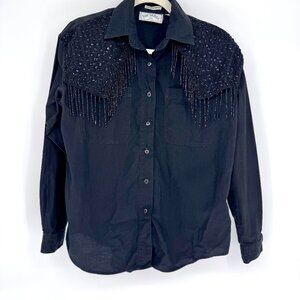 Vintage Western Black Beaded Fringe Sequin Button-Down Shirt 90s Rodeo